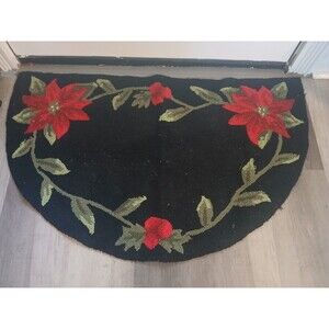 Vintage Hook Rug 37” X 23” Floral Cottage Xmas Shabby Grandma Green Red Holiday